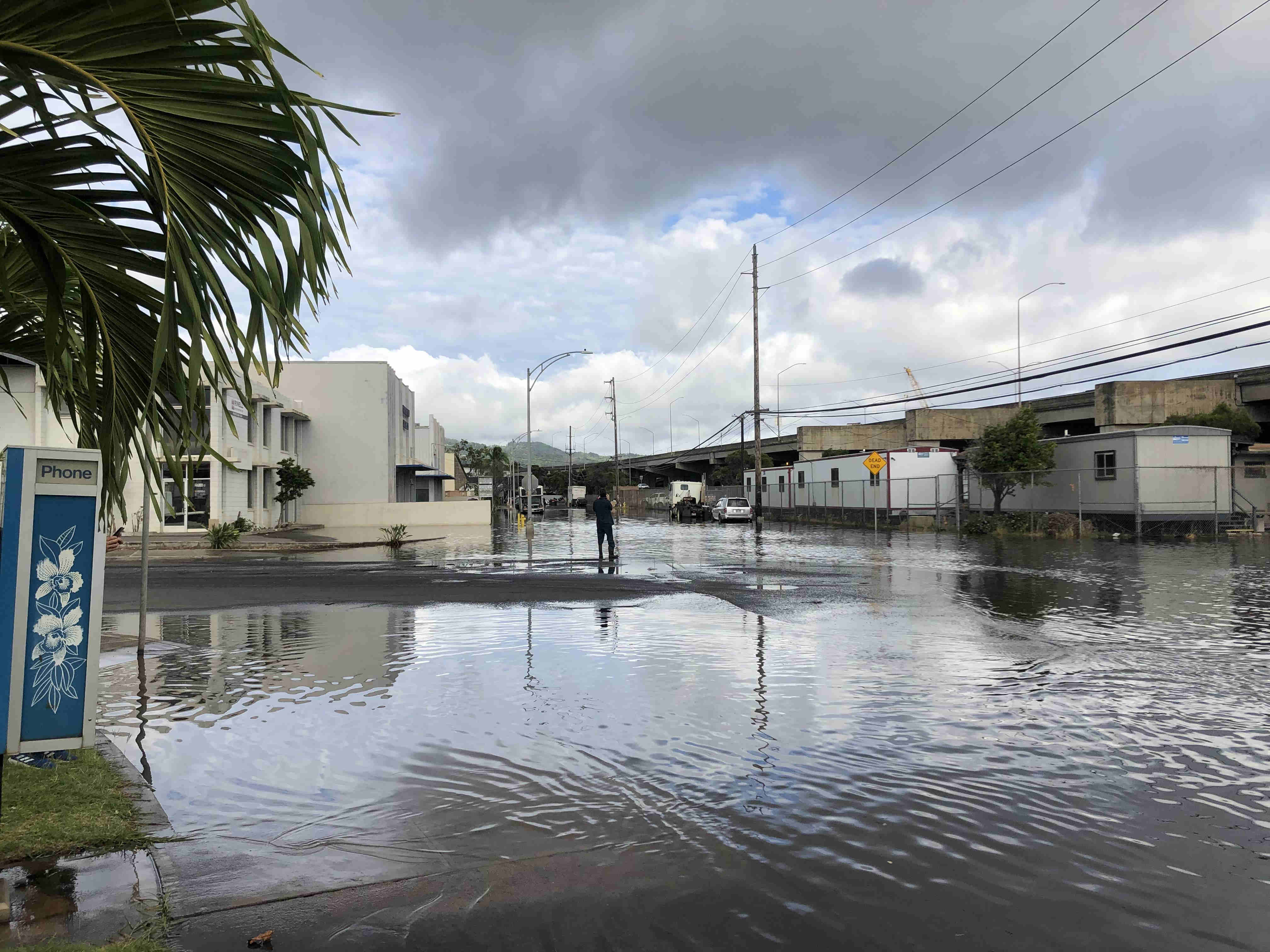 The intersection of Kilihau street and Kakoi street is flooded with water during high tide. Above normal water levels were due to a perigean spring tide and swells from Hurricane Erick
