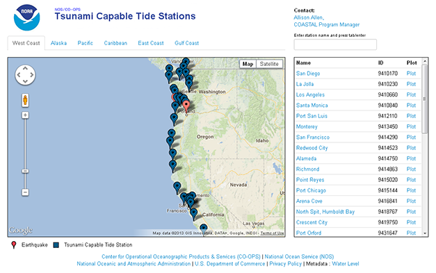 Screenshot of the tsunami stations map